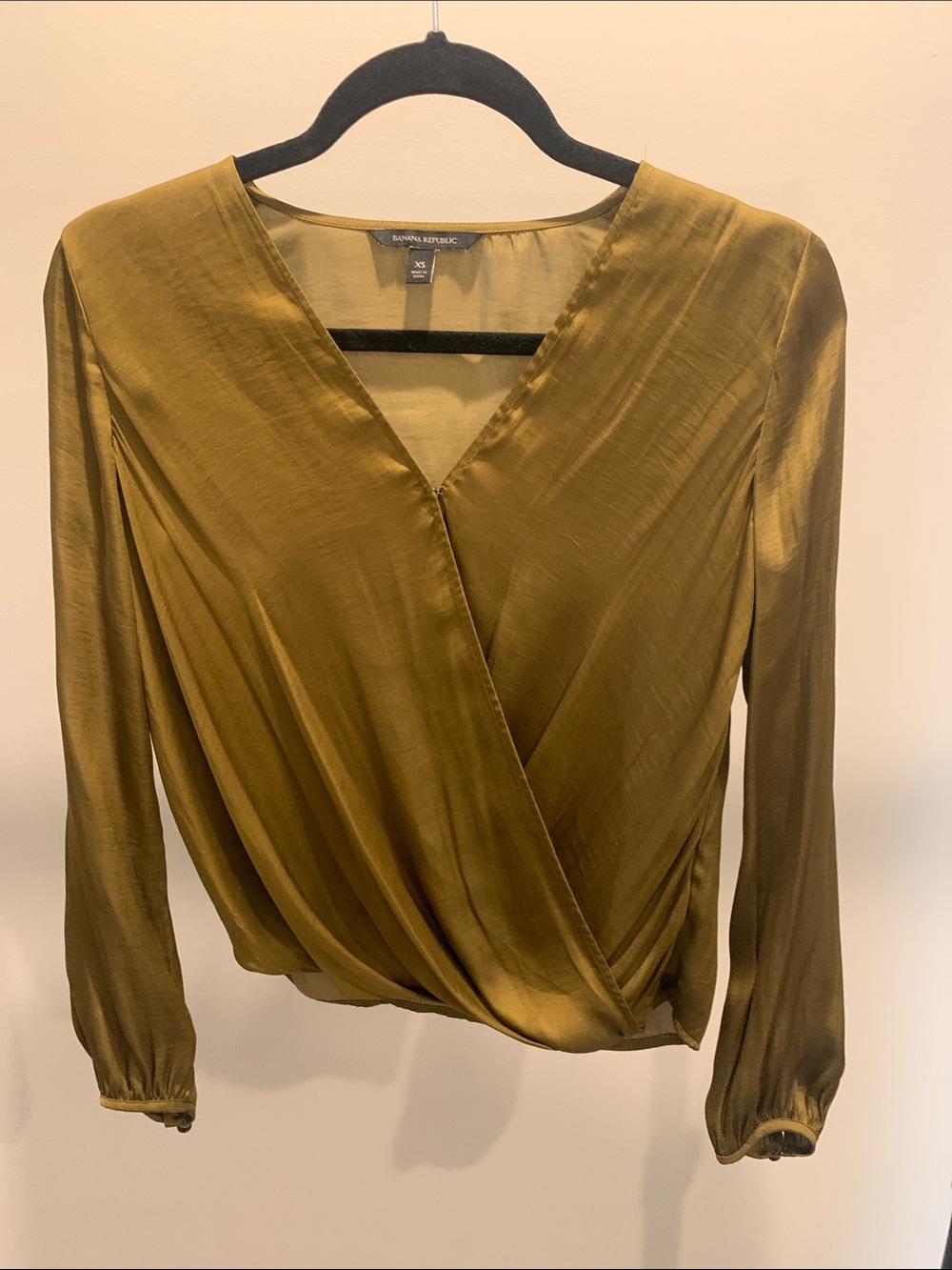 Banana Republic Moss Green Satin Wrap Blouse - Long Sleeve
